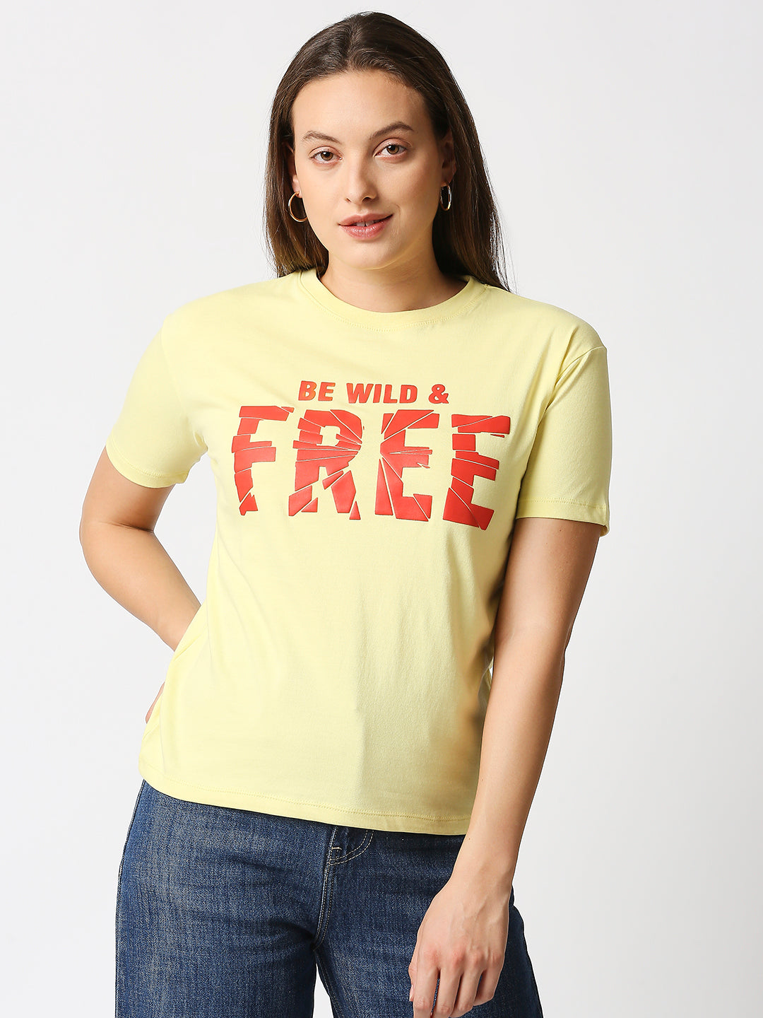 Buy Women's Lemon yellow Comfort fit T-shirt with chest Print
