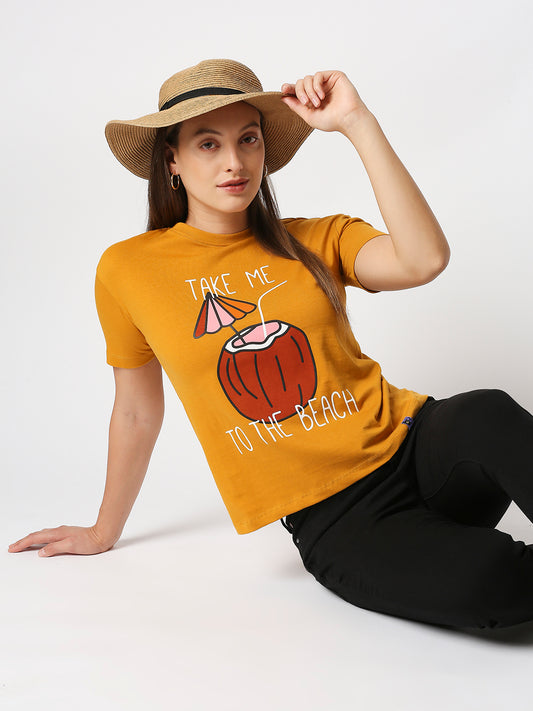 Buy Womenâ€™s Comfort fit Mustard yellow Chest print T-shirt