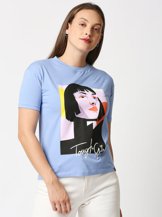 Buy Women's powder blue Comfort fit T-shirt with chest Print.