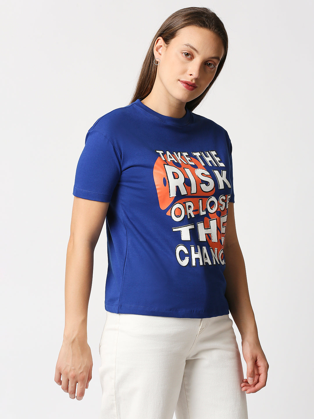 Buy Womenâ€™s Comfort fit Royal Blue Chest print T-shirt.