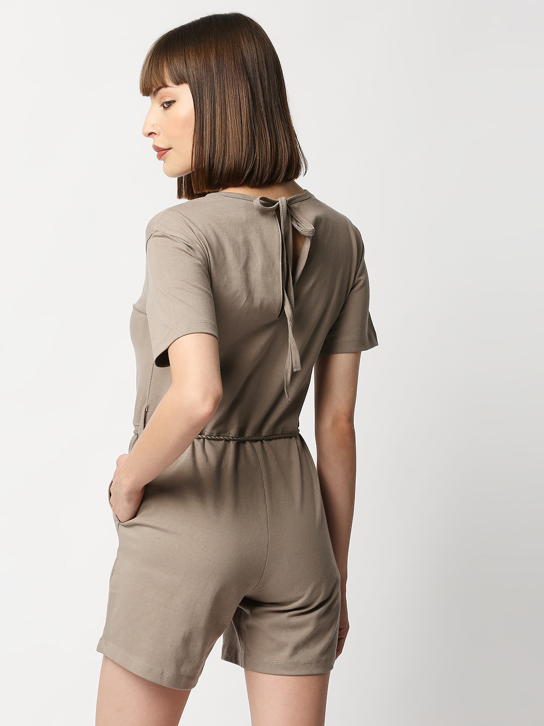 Buy BLAMBLACK Women V Neck Beige Solid Half sleeves Dresses