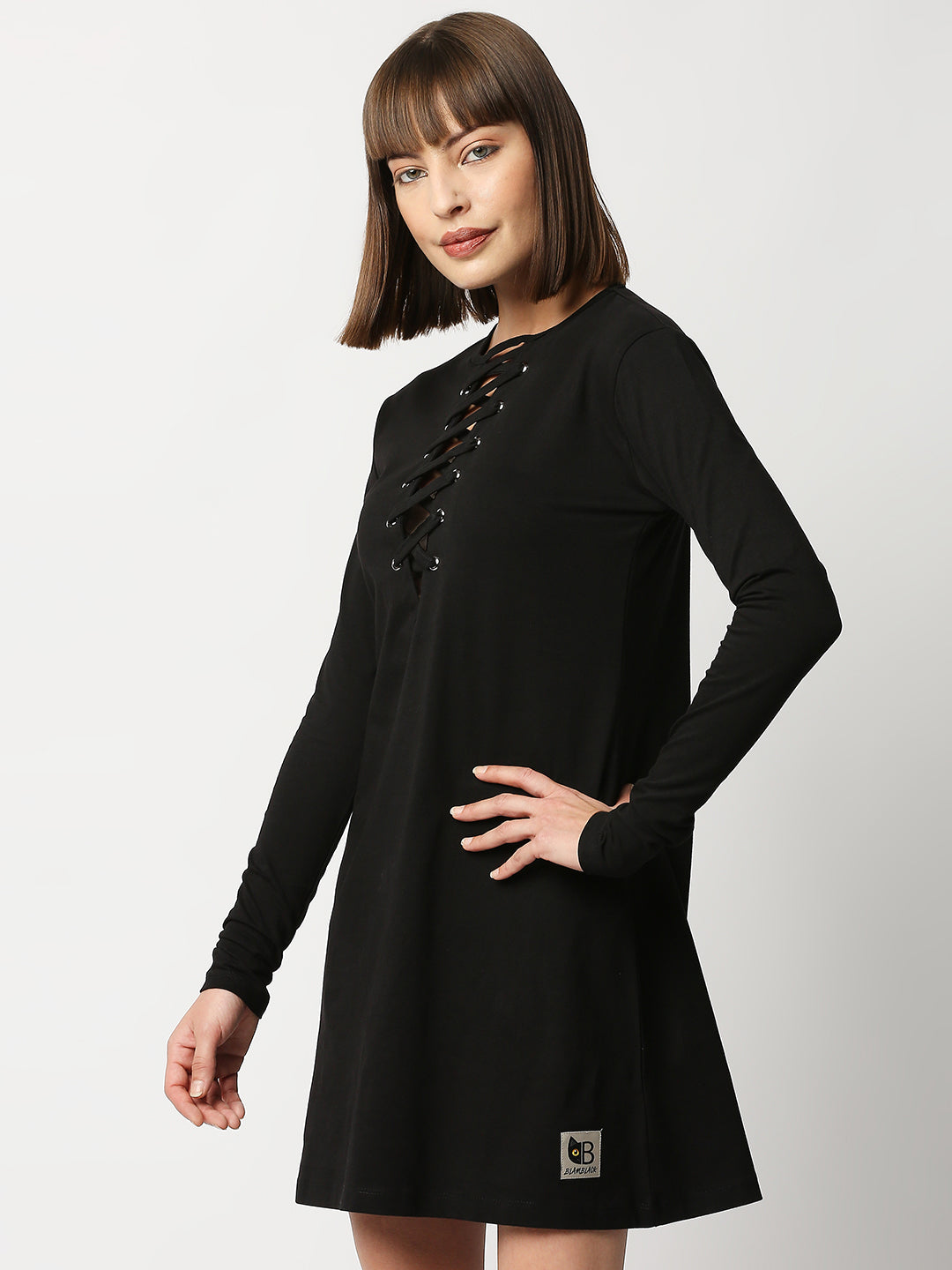 Buy BLAMBLACK Women Round neck Black Solid Full sleeve Dresses