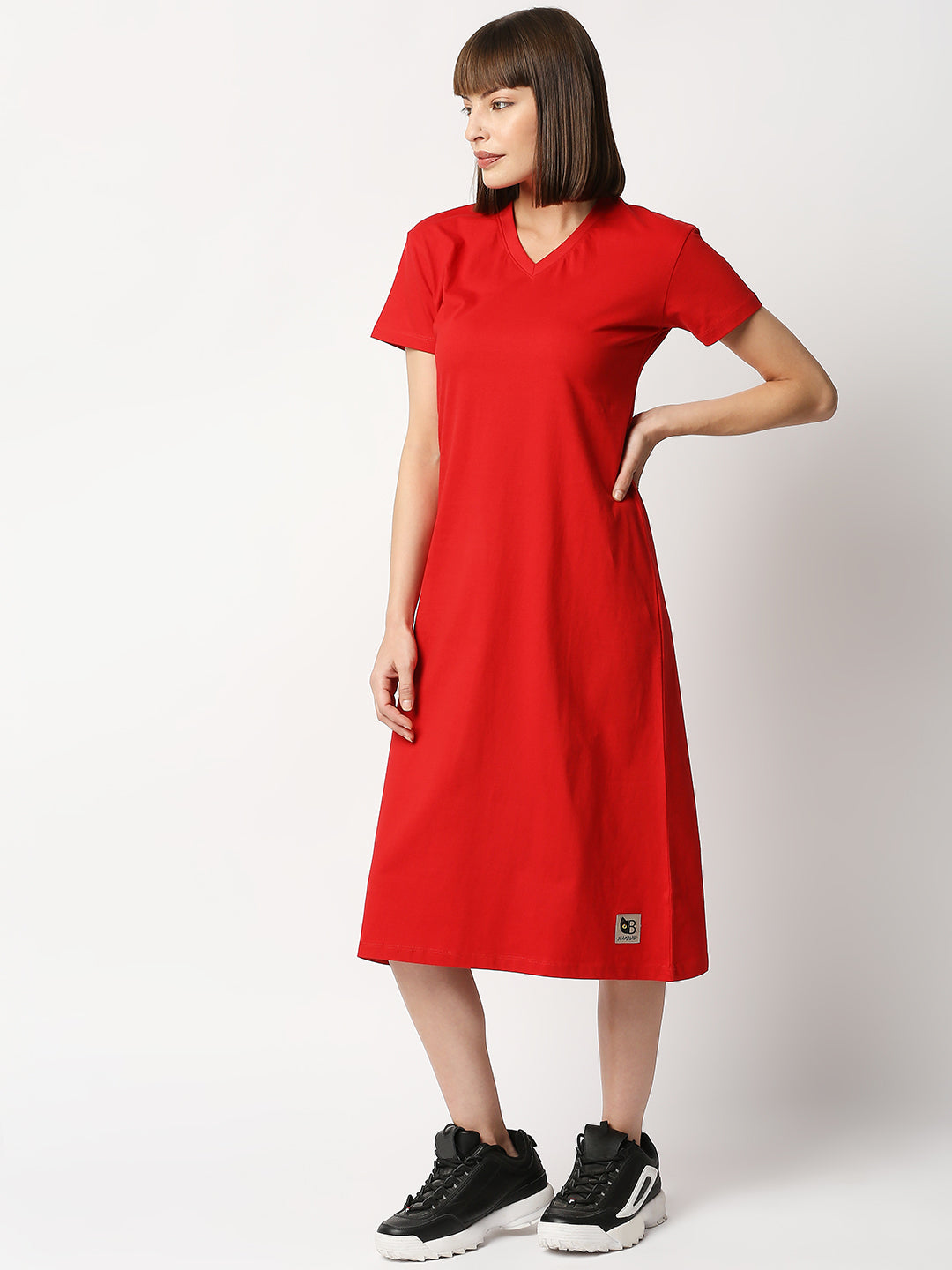 Buy BLAMBLACK Women Round neck Cherry Red Solid Half sleeves Dresses