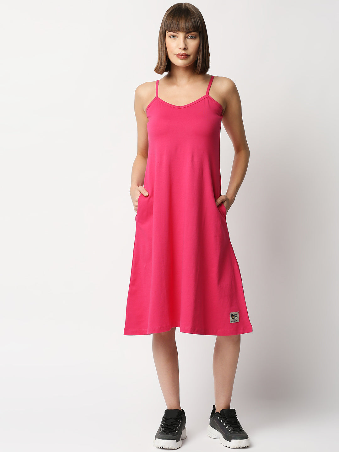 Buy BLAMBLACK Women Round neck Fusia Pink Solid Sleeveless Dresses