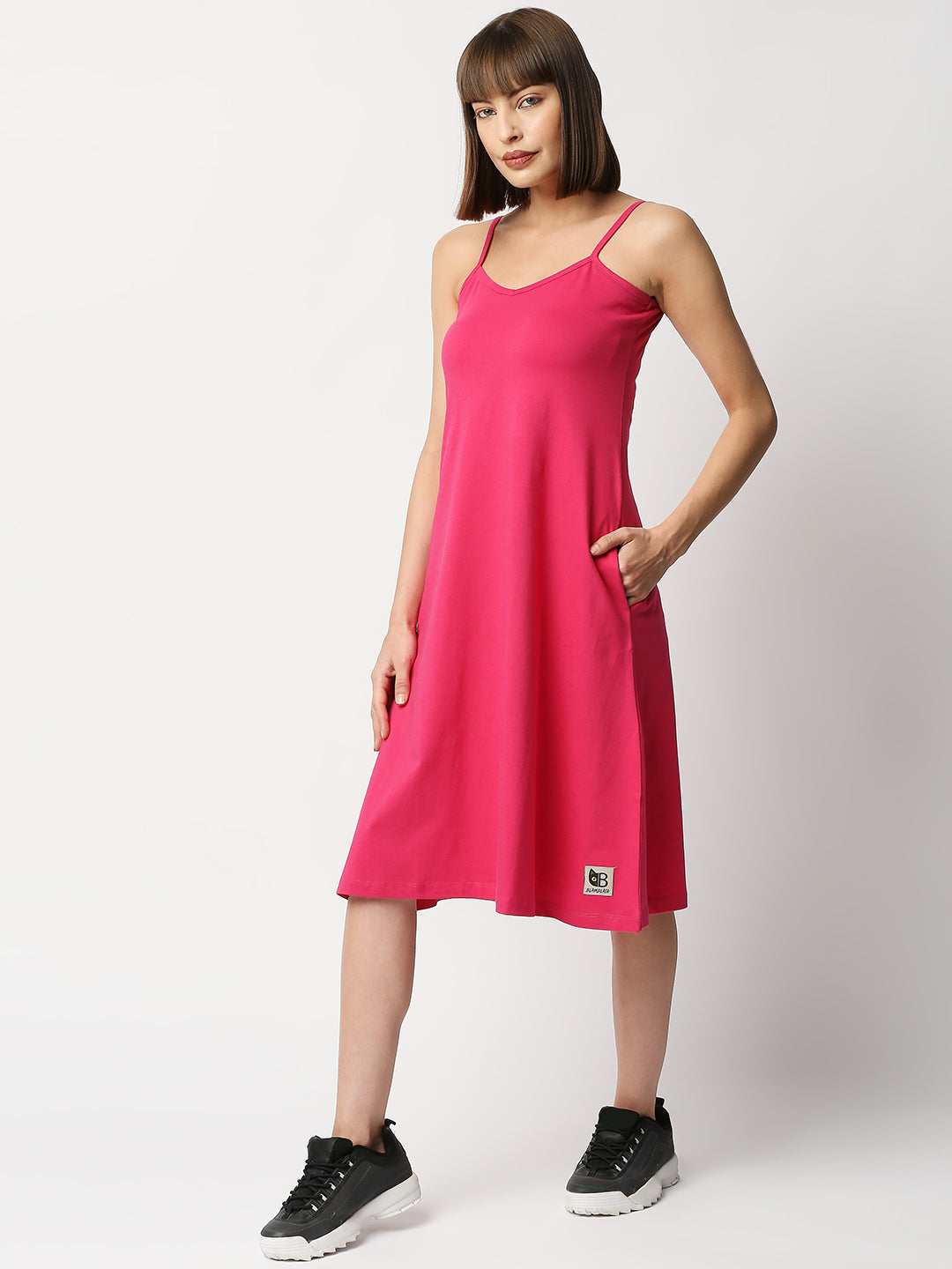 Buy BLAMBLACK Women Round neck Fusia Pink Solid Sleeveless Dresses
