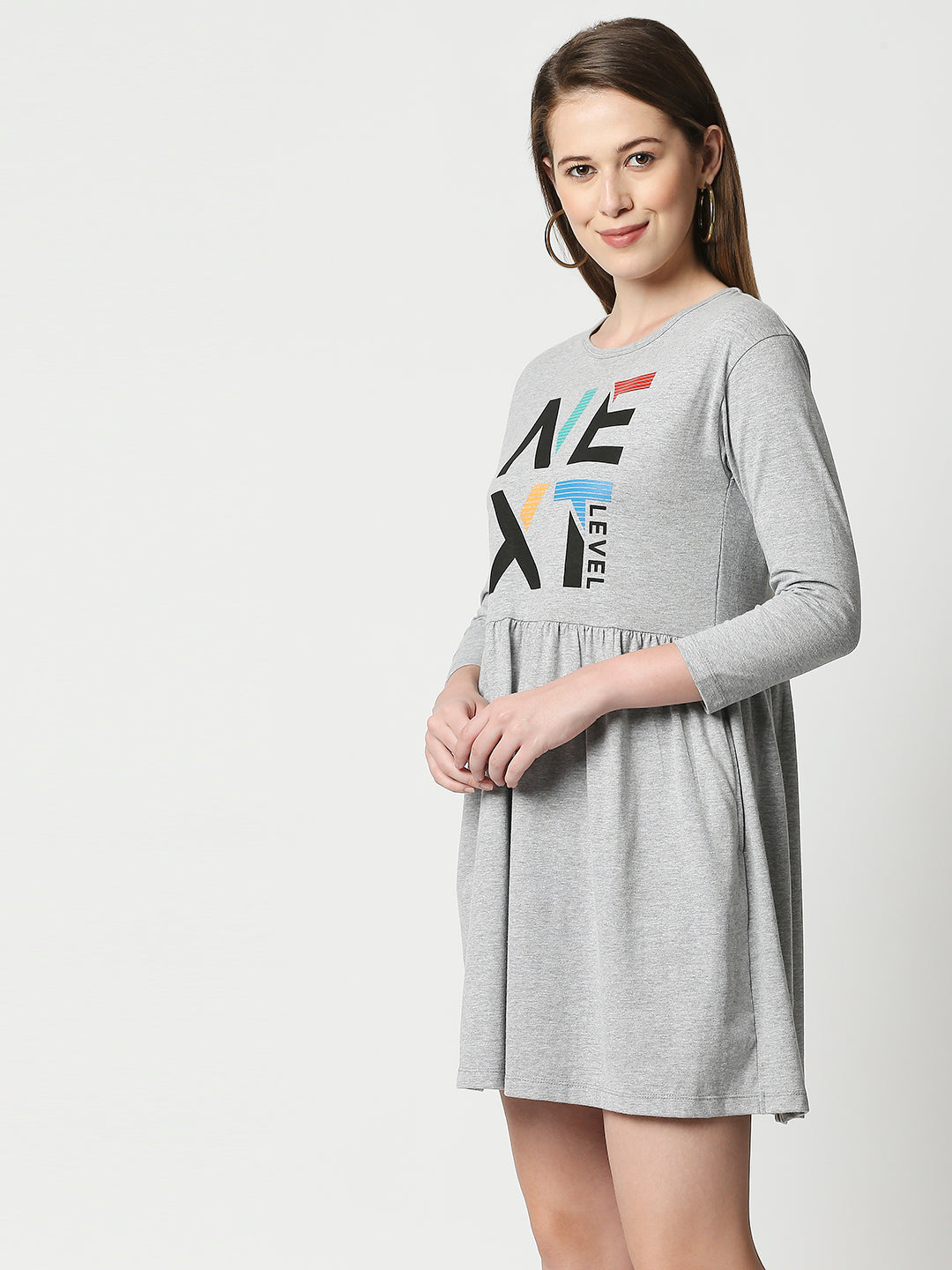 Buy BLAMBLACK Women Round neck Dresses Grey Melange Color Printed 3\4 length Sleeves