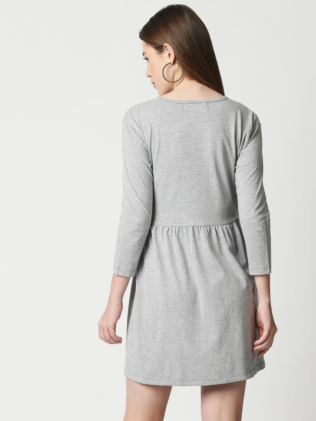 Buy BLAMBLACK Women Round neck Dresses Grey Melange Color Printed 3\4 length Sleeves