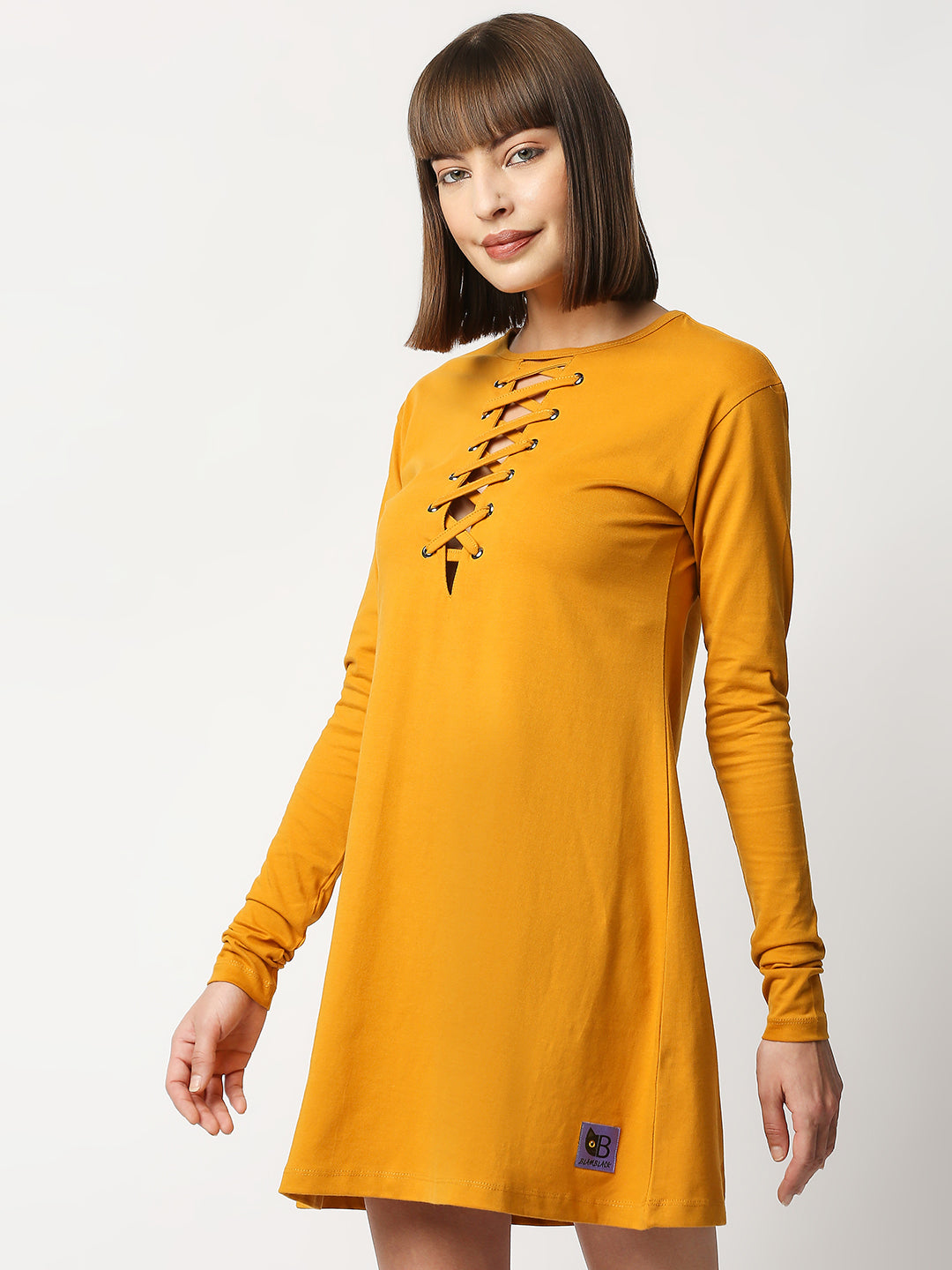 Buy BLAMBLACK Women Round Neck Mustard Solid Full sleeve Dresses