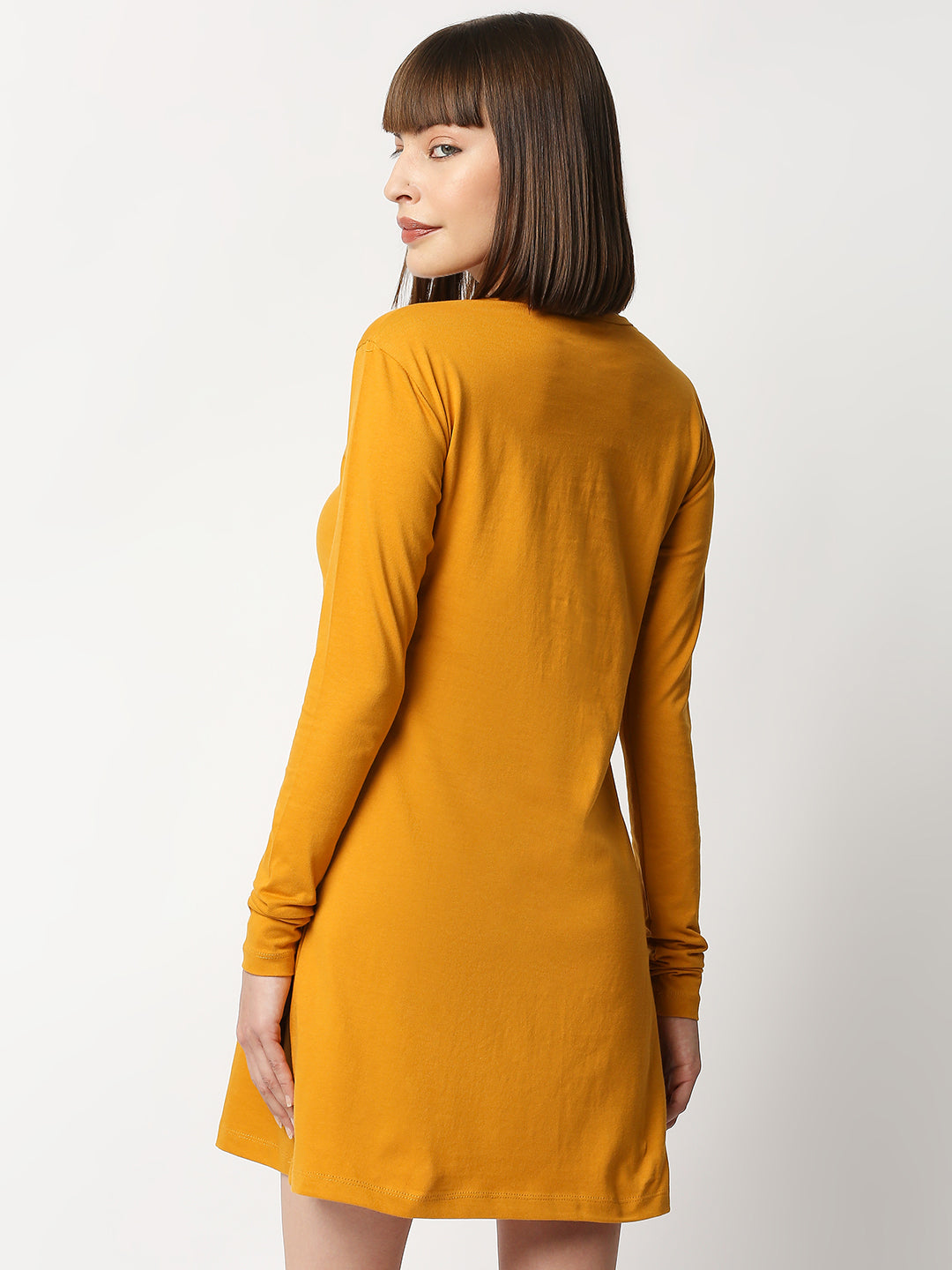 Buy BLAMBLACK Women Round Neck Mustard Solid Full sleeve Dresses