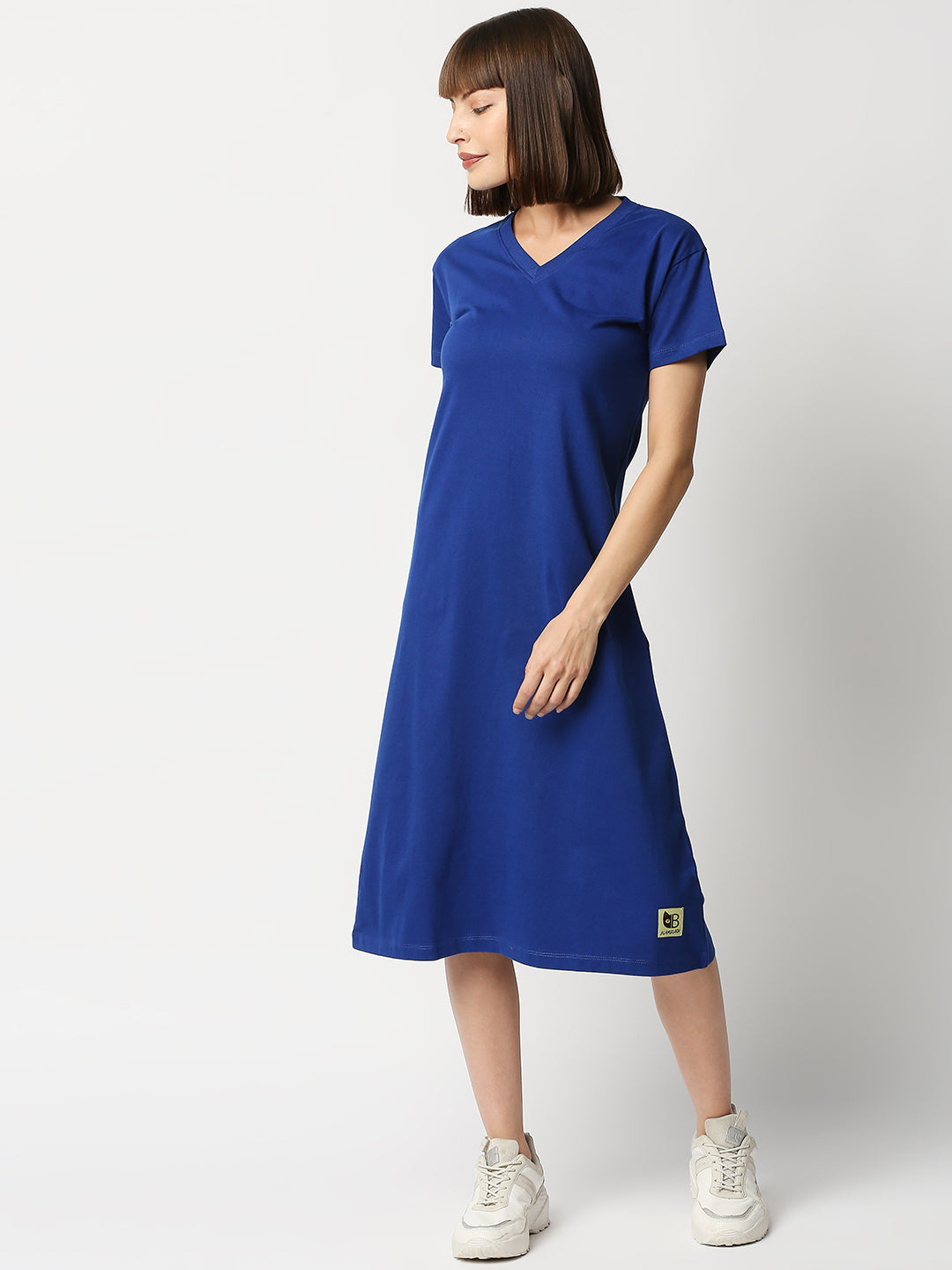 Buy BLAMBLACK Women Round neck Royal Blue Solid Half sleeves Dresses