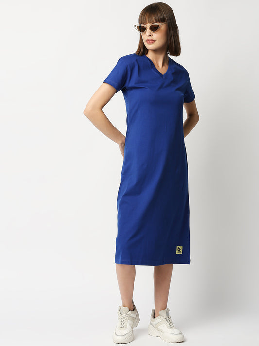 Buy BLAMBLACK Women Round neck Royal Blue Solid Half sleeves Dresses