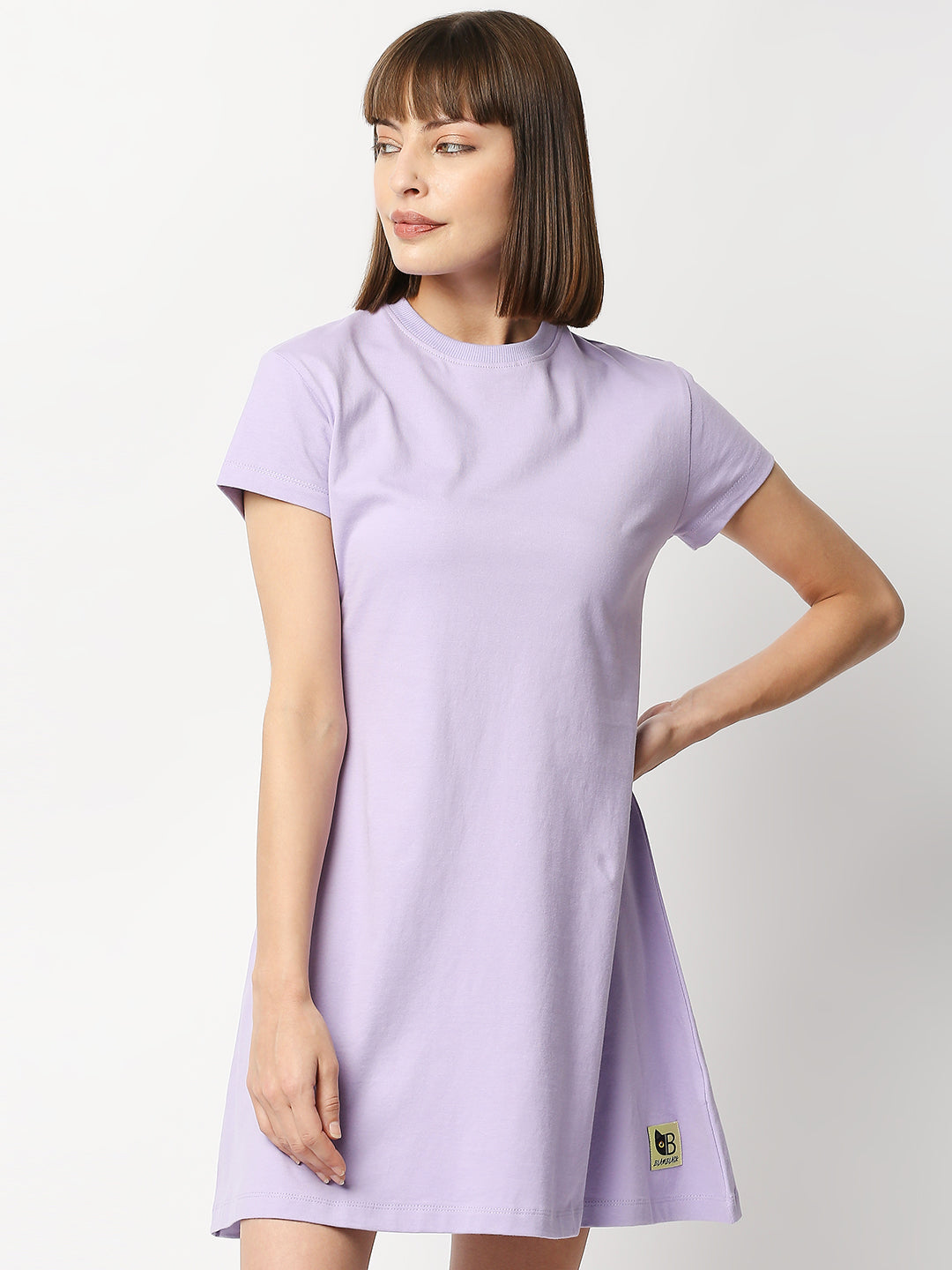 Buy BLAMBLACK Women Round Neck Voilet Solid Half sleeves Dresses