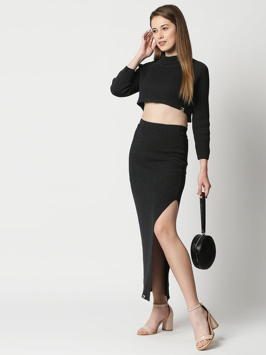 Buy Women's Flat Knit Skirt & top Set Dark Grey