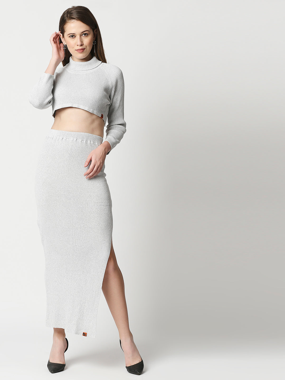 Shop Women\'s Flat Knit Skirt & top Set Grey Melange Online – BlamBlack