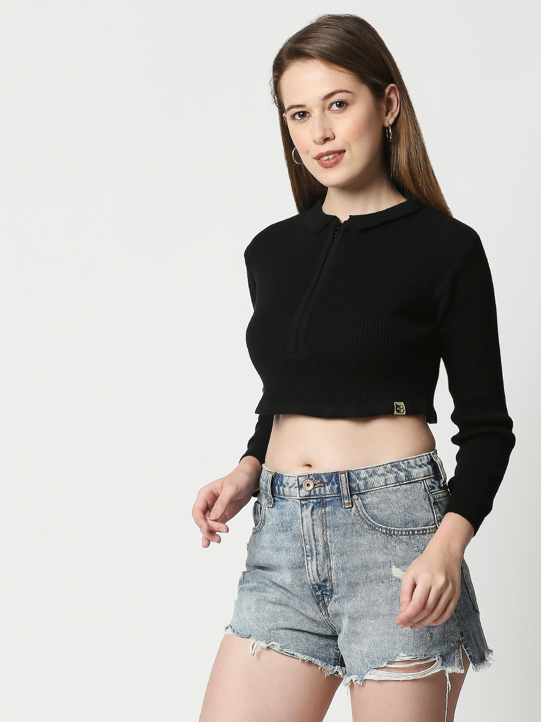 Buy Women's Flat knit Zipper Full Sleeves T-shirt Black