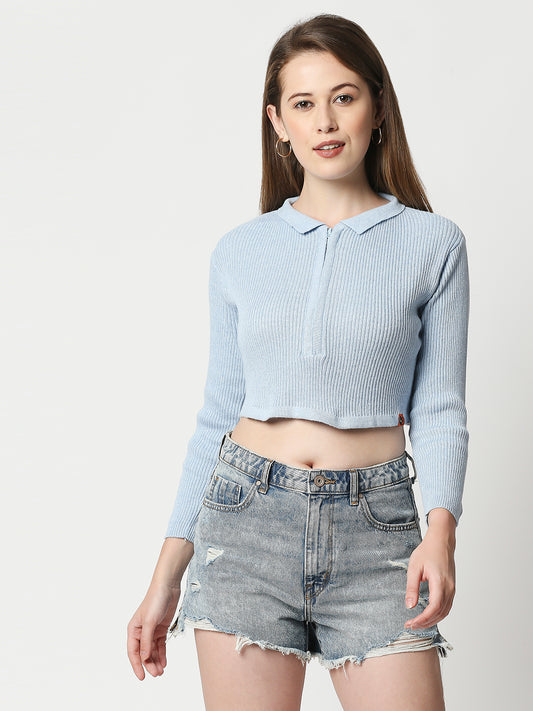 Buy Women's Flat knit Zipper Full Sleeves T-shirt Blue melange.