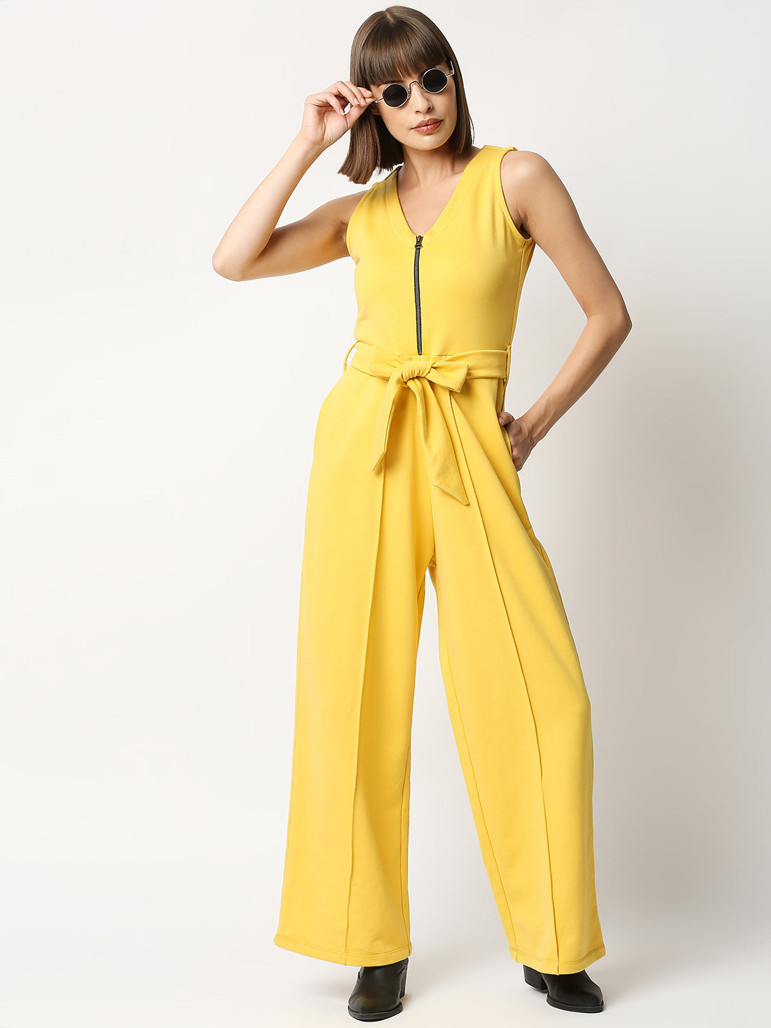 Buy BLAMBLACK Women V Neck Short Top Lemon Yellow Color Solid Sleeveless