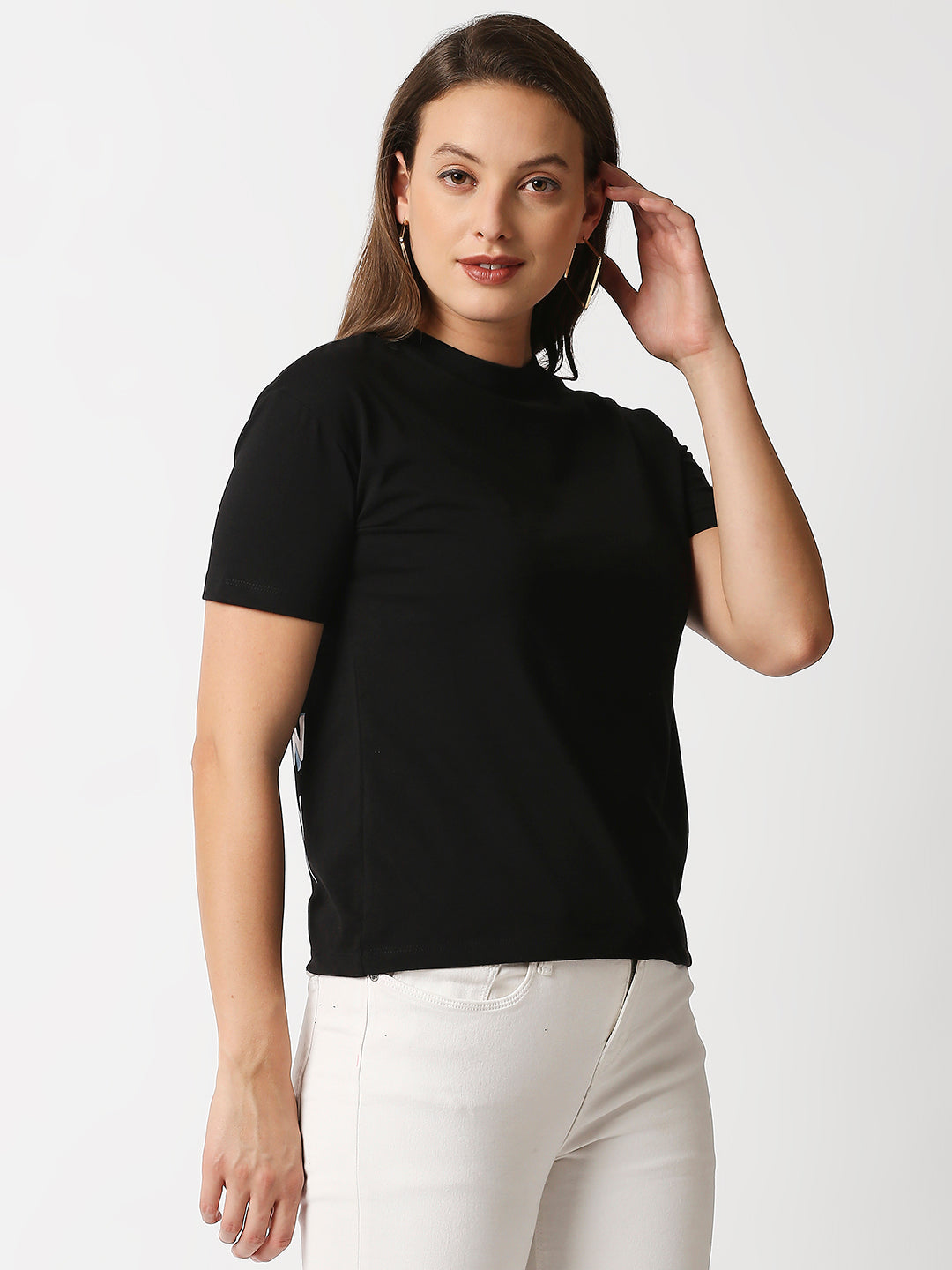 Buy Womenâ€™s Black Comfort fit Back print T-shirt.