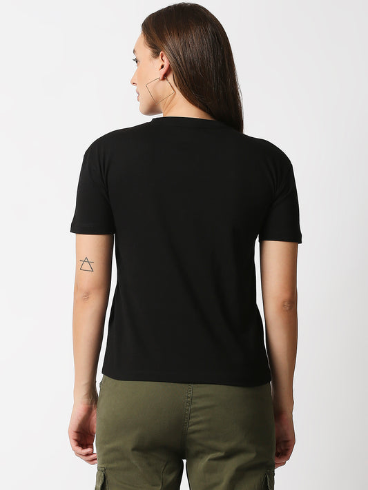Buy Womenâ€™s Black Comfort fit Chest print T-shirt