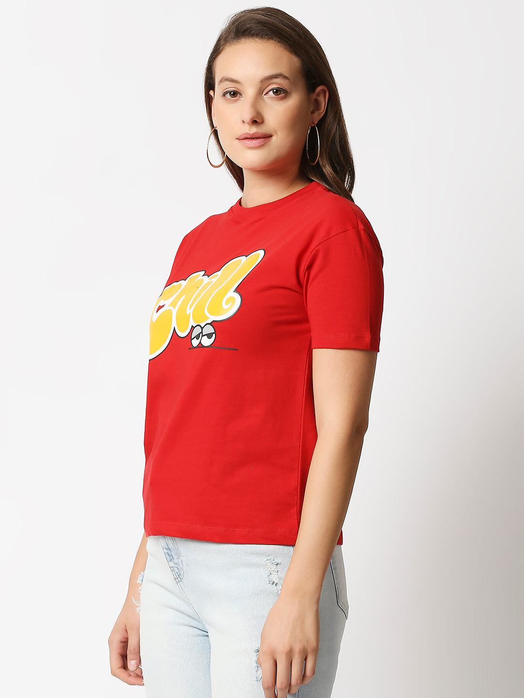 Buy Womenâ€™s Cherry Red Comfort fit Chest print T-shirt.