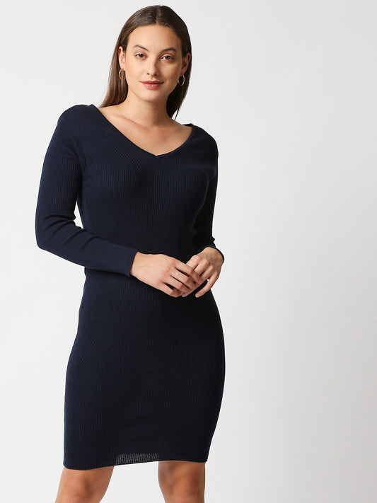 Buy BlamBlack Women's Flat knit Full Sleeves Navy Blue Dress