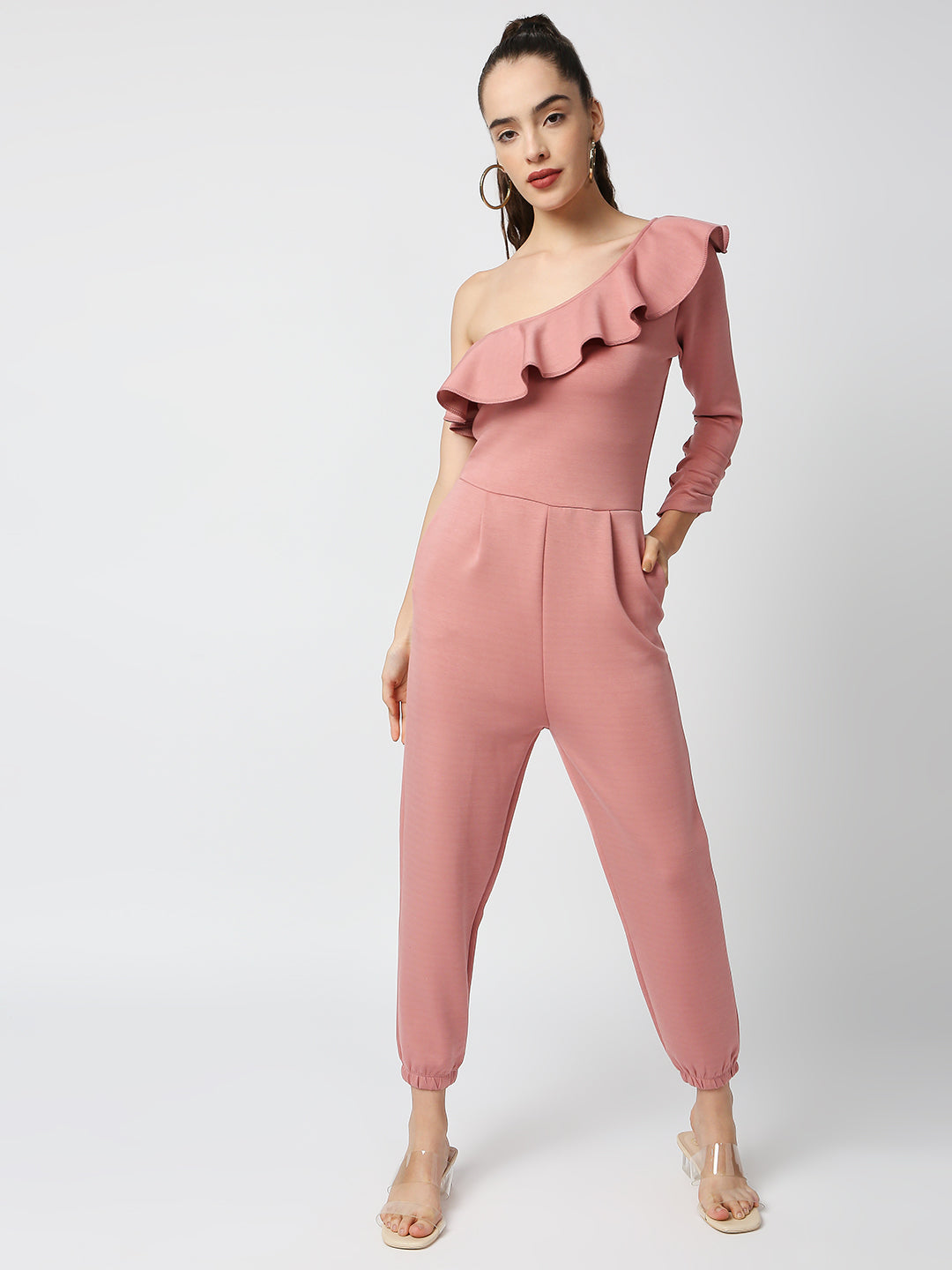 Buy Blamblack Women's Powder Pink Color Frill One Side Shoulder Jumpsuit