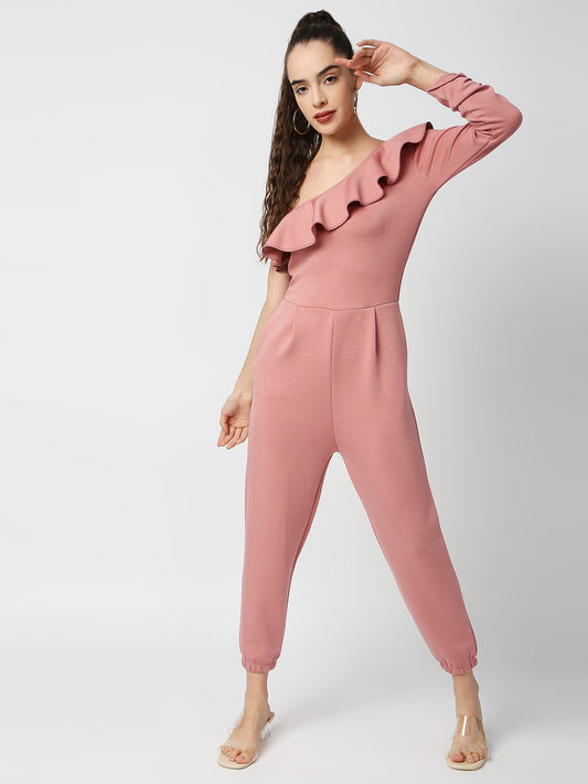 Buy Blamblack Women's Powder Pink Color Frill One Side Shoulder Jumpsuit