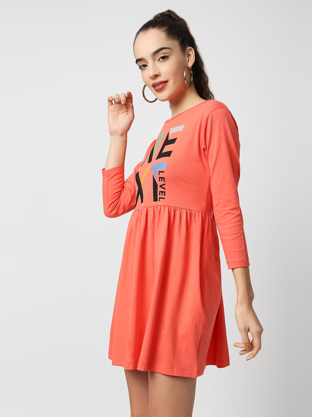 Buy BLAMBLACK Women Round neck Coral Color Printed 3\4 length sleeve Dress
