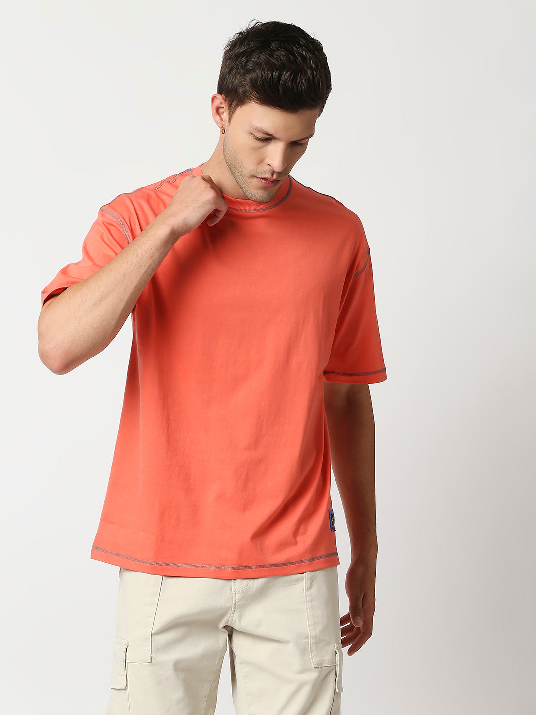 Buy Blamblack Men's Coral Color Plain Baggy T Shirt