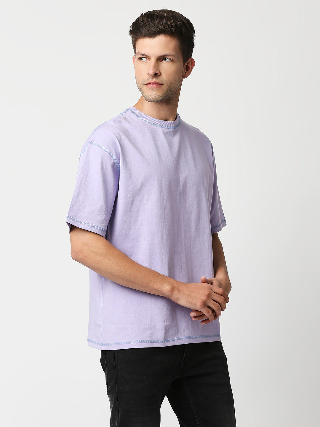 Buy Blamblack Men's Lavender Color Plain Oversized T Shirt