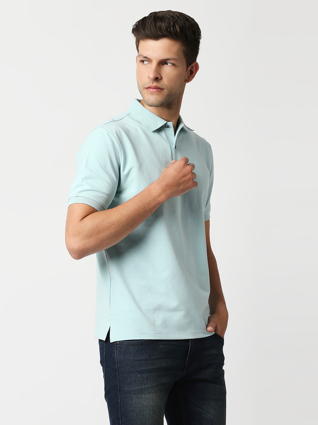 Buy Blamblack Men's Polo Plain Aqua Color T shirt