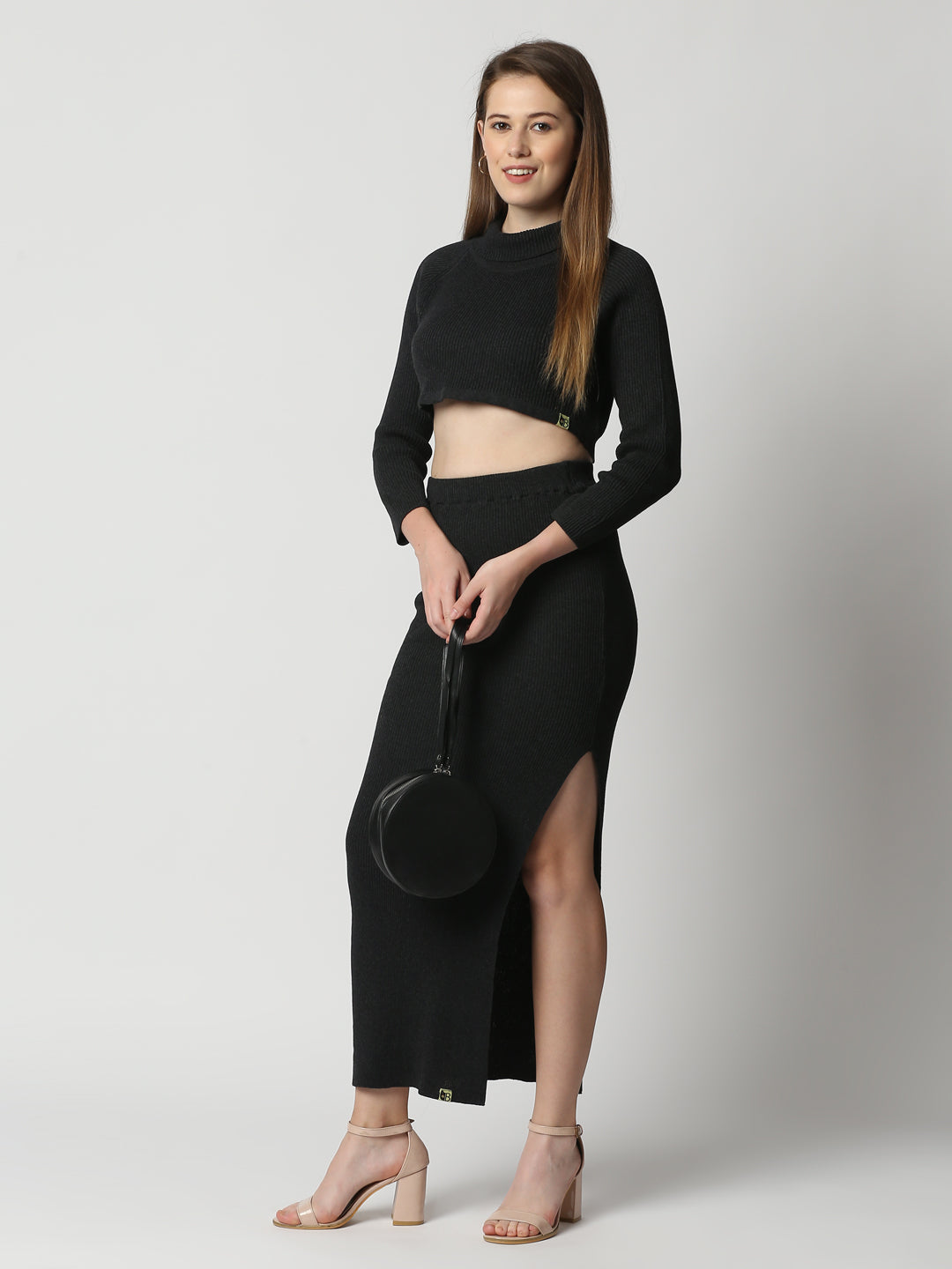 Buy Women's Flat Knit Skirt & top Set Dark Grey