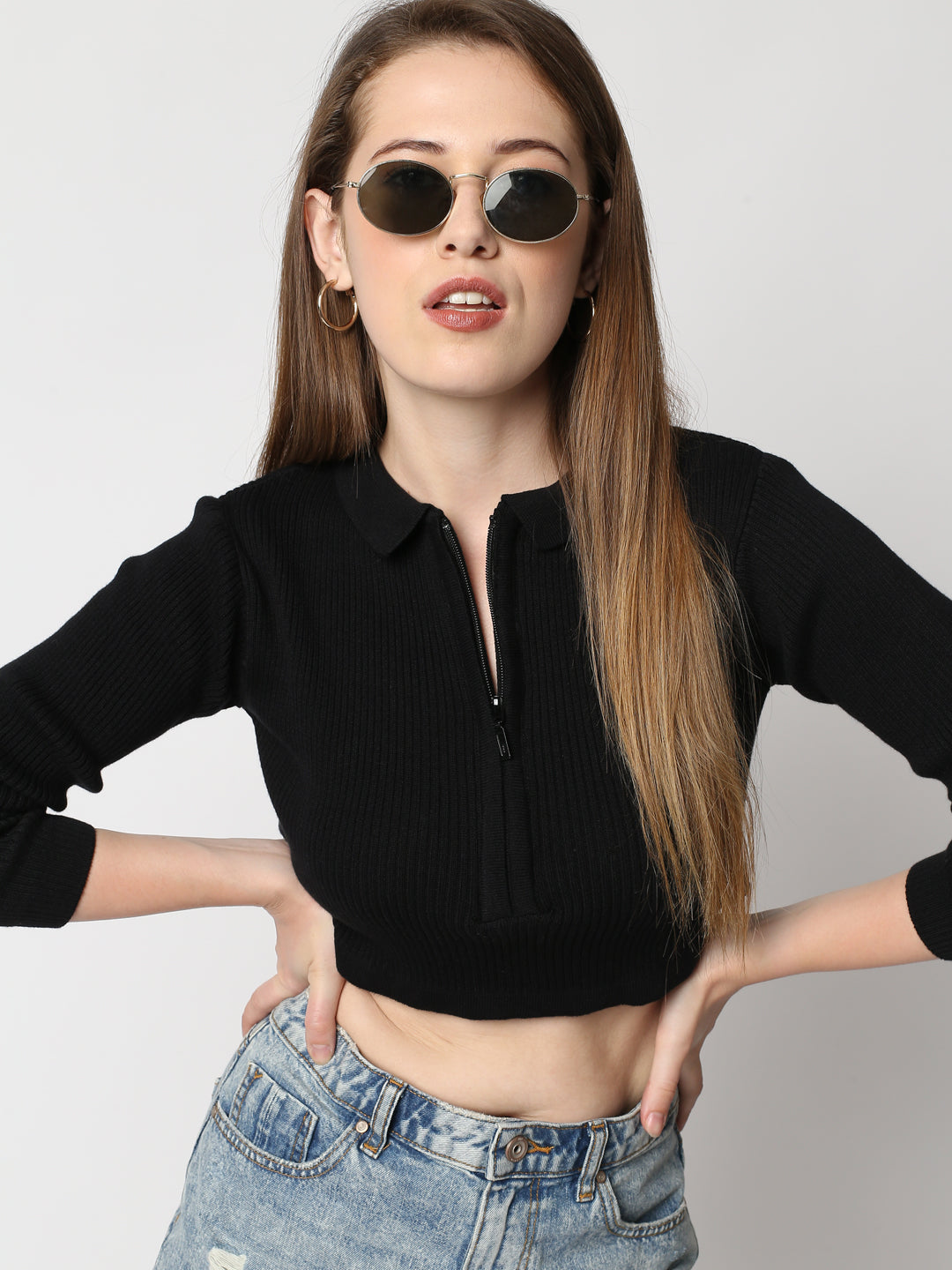 Buy Women's Flat knit Zipper Full Sleeves T-shirt Black
